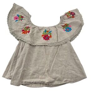 Ivy Jane Women Linen Embroidered Off Shoulder Blouse Beige Floral Boho Top Small